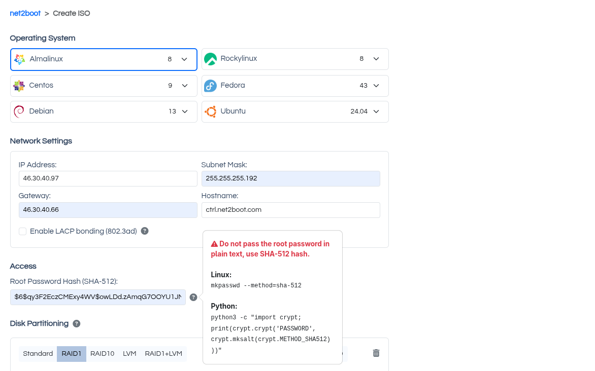 OS Selection in net2boot Form